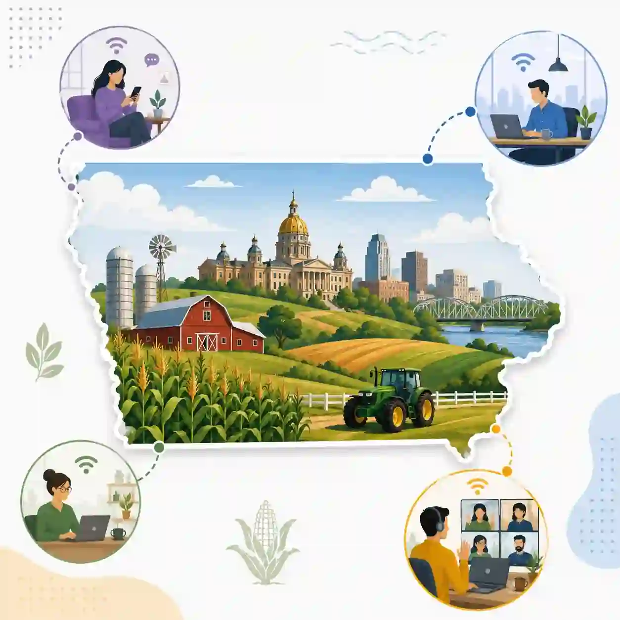 Iowa state map with icons for mobile, office, remote team and call center connected to a central phone pin